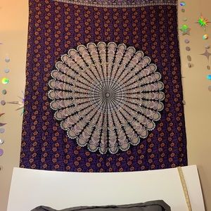purple orange white and black hanging tapestry